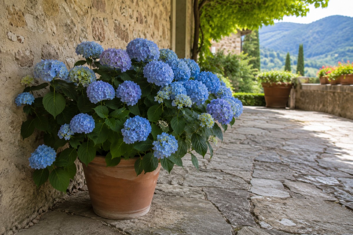 Ortensia spostata in ombra luminosa per proteggere i fiori dal caldo