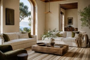 Soggiorno elegante con tessili a righe e materiali caldi