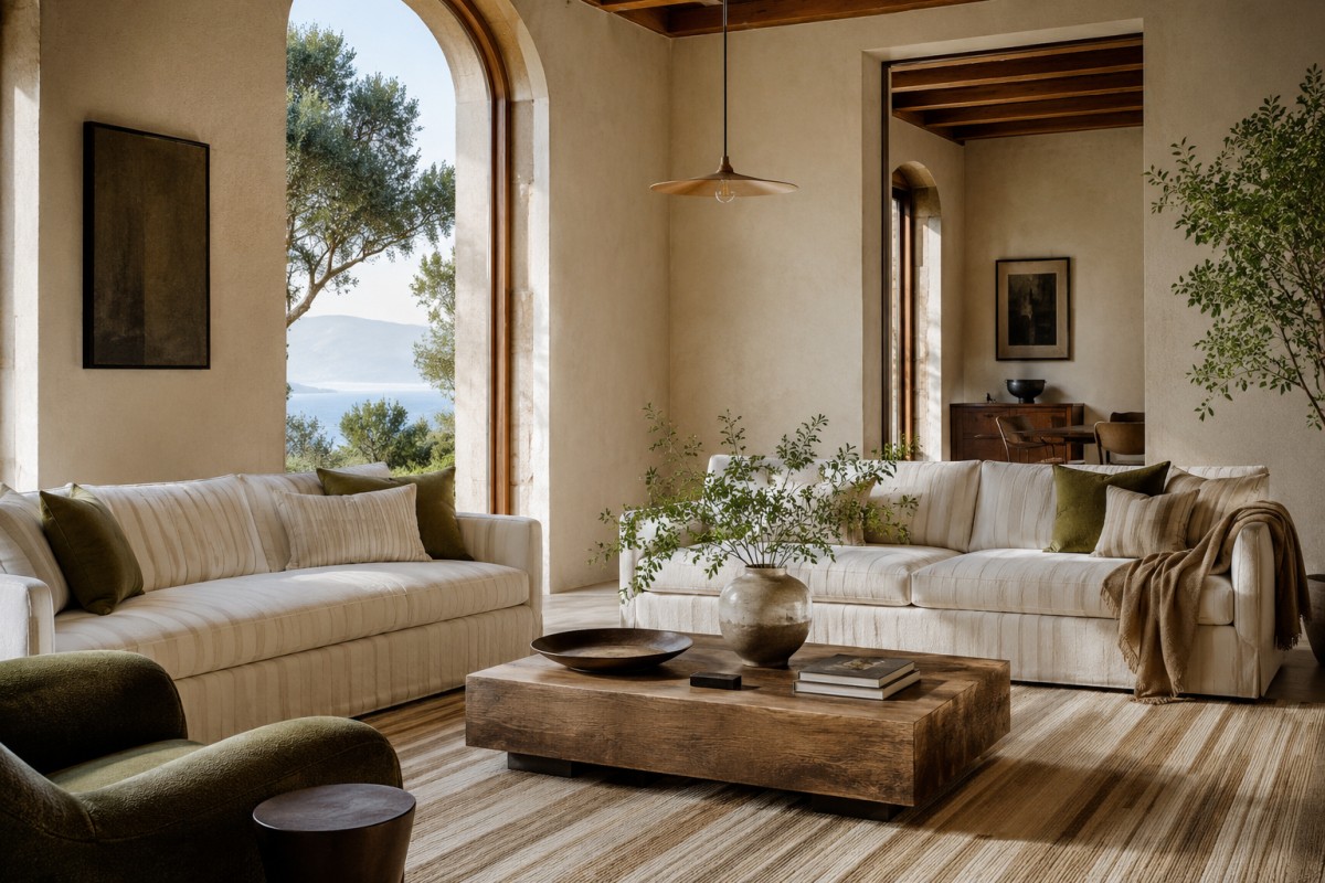 Soggiorno elegante con tessili a righe e materiali caldi