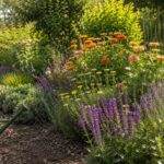 Giardino estivo con fiori resistenti al caldo, pacciamatura e annaffiatoio all'ombra