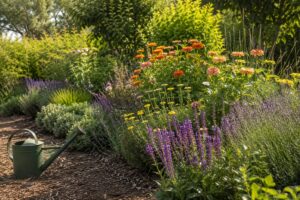 Giardino estivo con fiori resistenti al caldo, pacciamatura e annaffiatoio all'ombra