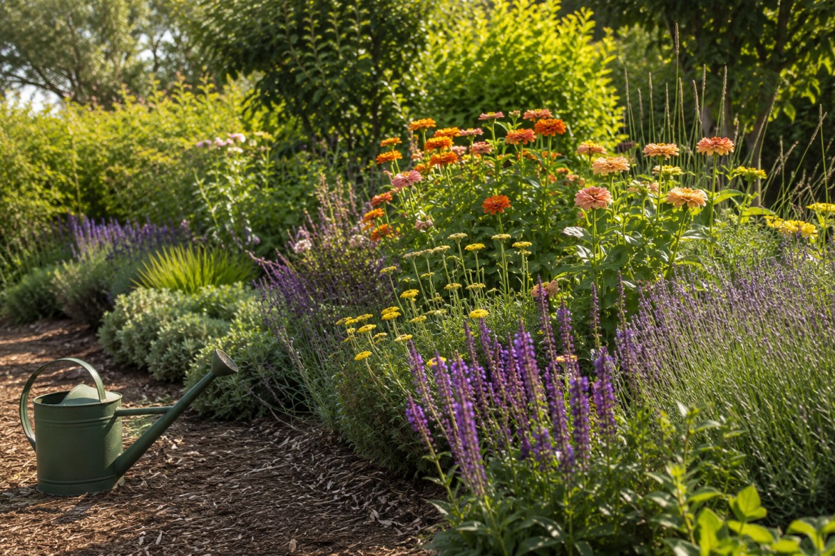 Giardino estivo con fiori resistenti al caldo, pacciamatura e annaffiatoio all'ombra