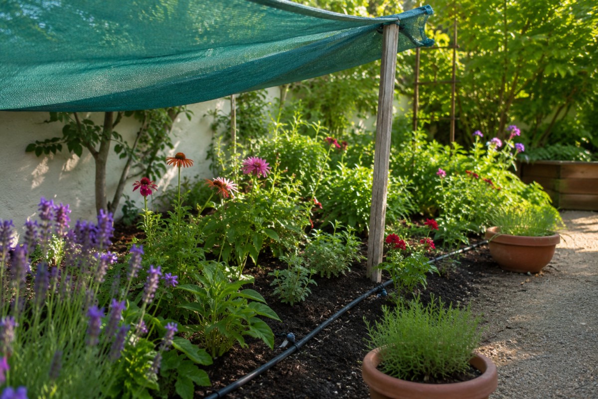Angolo di giardino protetto con ombra leggera e irrigazione a goccia durante il caldo