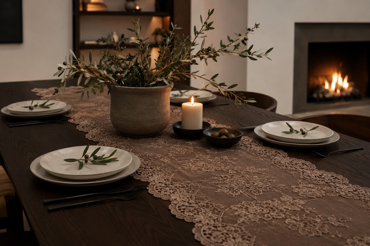 Tavola in legno scuro con runner in pizzo tortora e piatti in ceramica