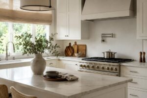 Cucina bianca luminosa aggiornata con acciaio spazzolato, legno caldo e tessili naturali