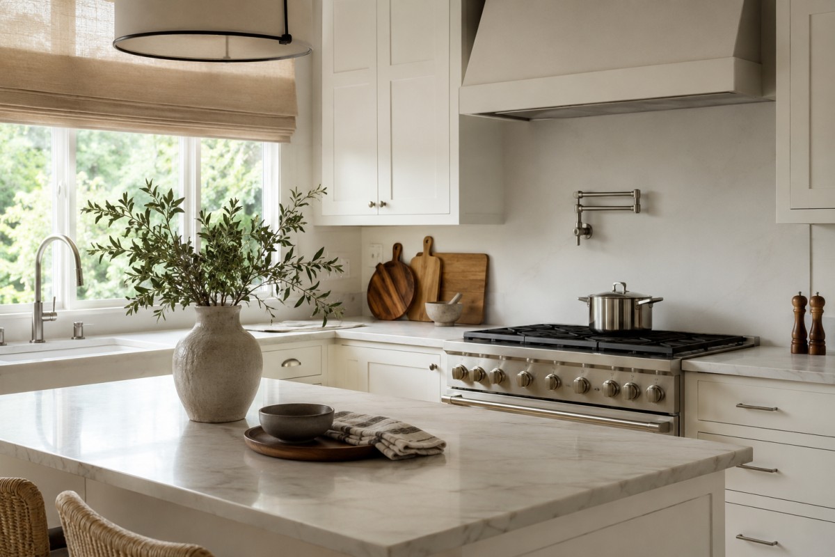 Cucina bianca luminosa aggiornata con acciaio spazzolato, legno caldo e tessili naturali