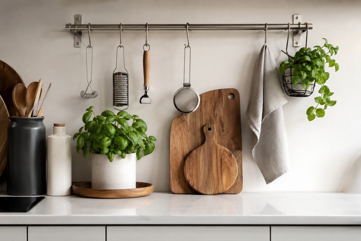 Piano cucina bianco con barra in acciaio spazzolato, utensili e basilico