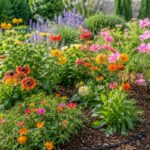 Aiuola estiva in pieno sole con zinnie portulaca gaillardia e cosmos