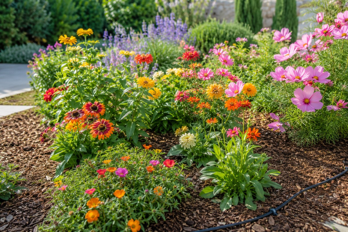 Aiuola estiva in pieno sole con zinnie portulaca gaillardia e cosmos