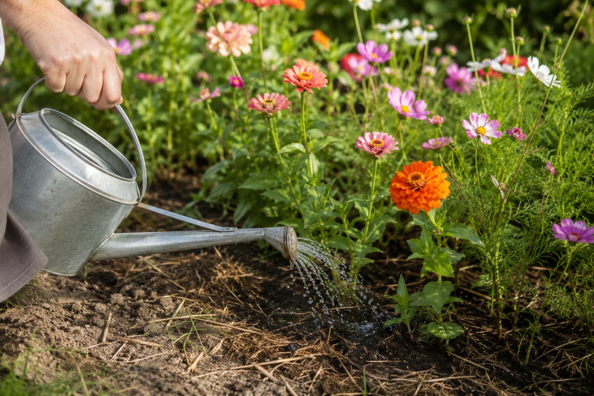 Irrigazione alla base dei fiori estivi in aiuola durante luglio