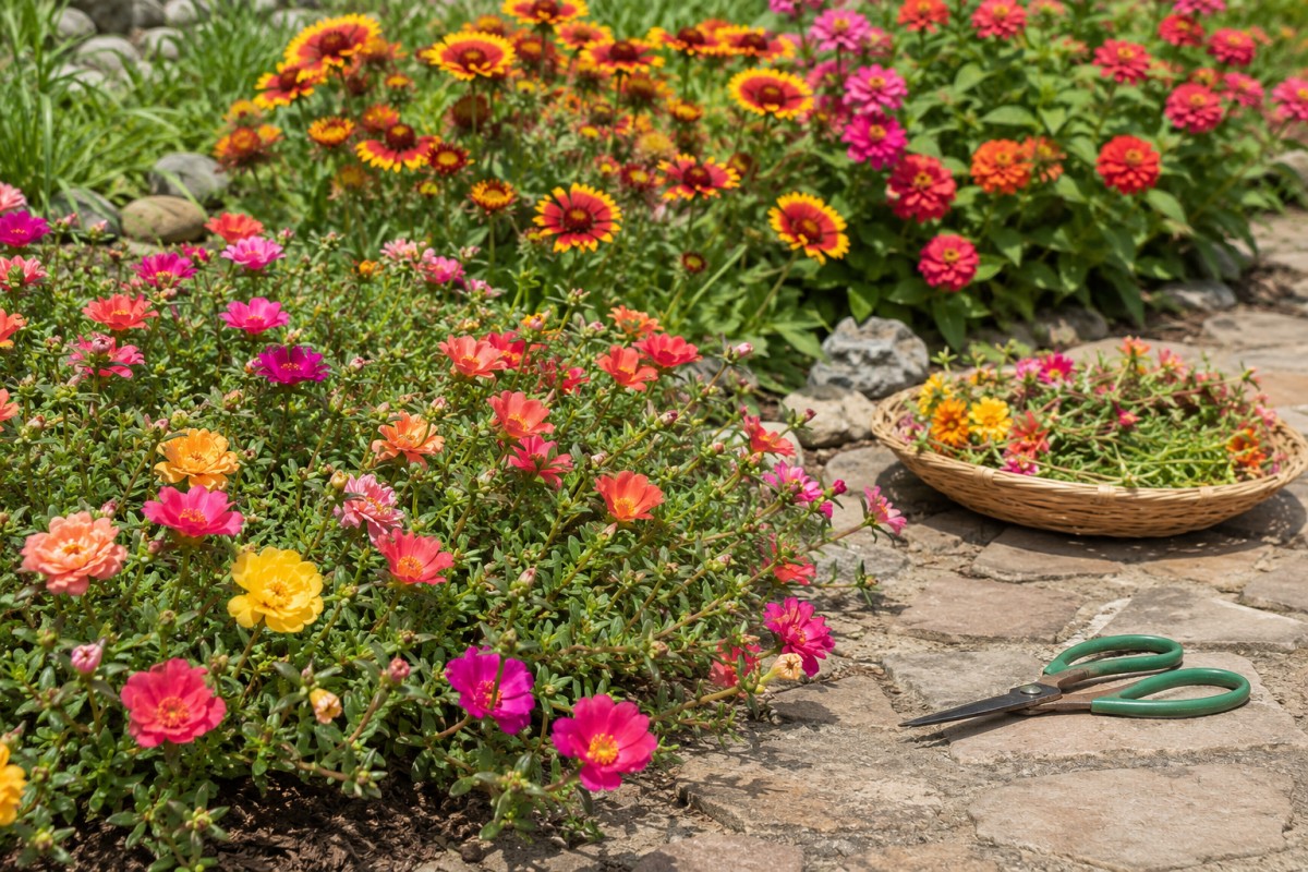 Aiuola ordinata con fiori resistenti al caldo e pulizia dei capolini secchi