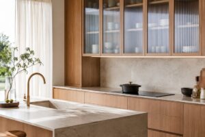 Cucina luminosa con ante in vetro cannettato e legno chiaro