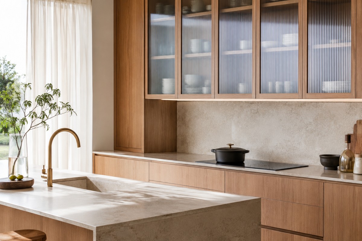 Cucina luminosa con ante in vetro cannettato e legno chiaro