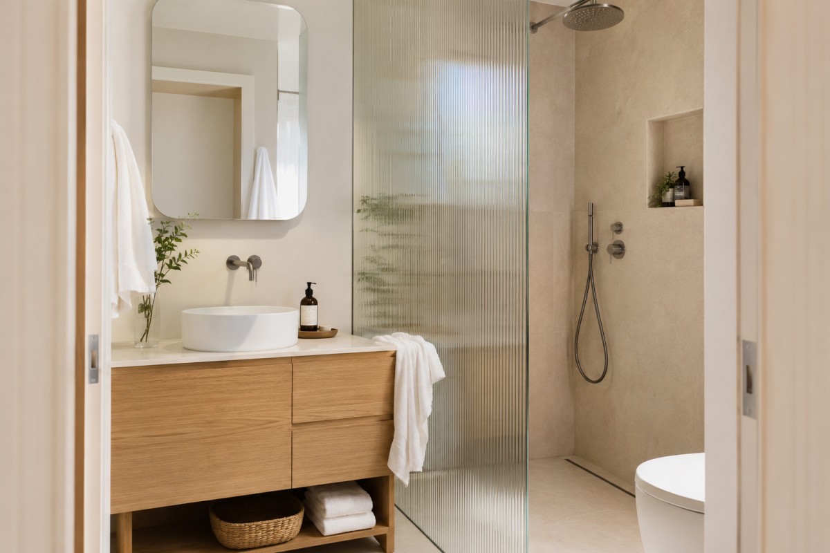 Bagno piccolo con paretina in vetro cannettato vicino alla doccia