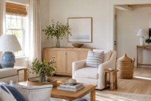 Soggiorno in stile coastal nordico con lino bianco legno chiaro e righe blu