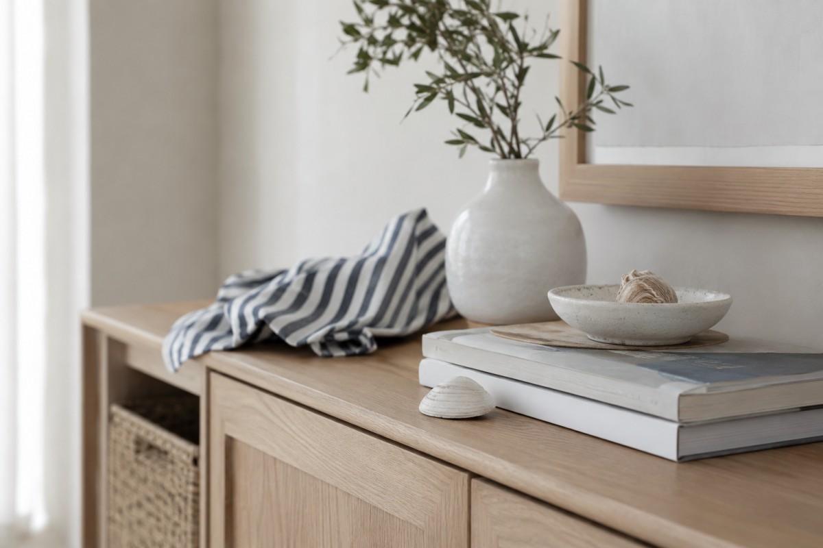 Dettaglio decorativo coastal nordico con ceramica bianca legno chiaro e righe blu