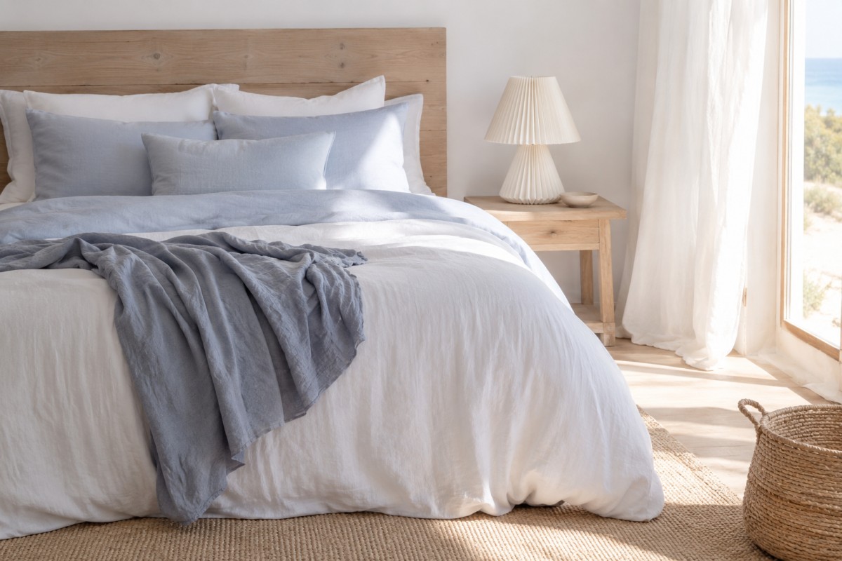 Camera da letto coastal nordica con lino bianco azzurro polvere e legno chiaro