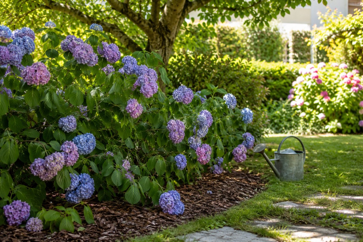 Ortensie in giardino protette dal caldo di luglio con pacciamatura alla base