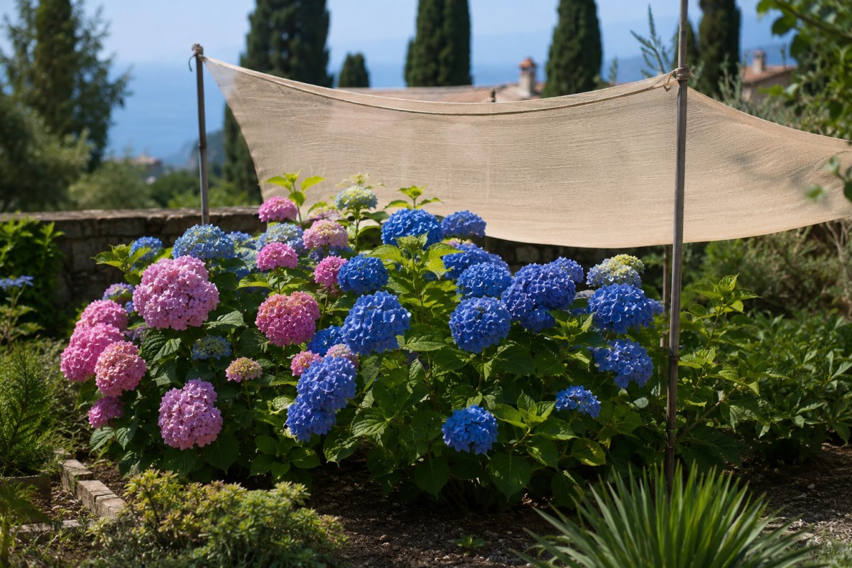Ortensie riparate dal sole forte con una rete ombreggiante chiara
