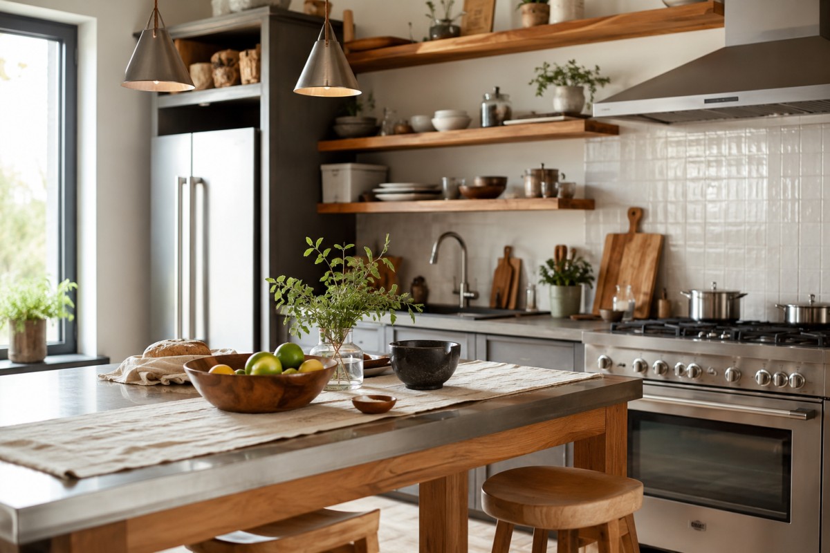 Cucina contemporanea con legno caldo metalli satinati e dettagli in ceramica