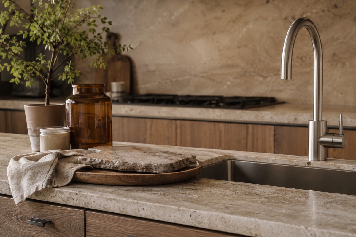 Piano cucina con pietra naturale lino legno e dettagli in vetro ambrato