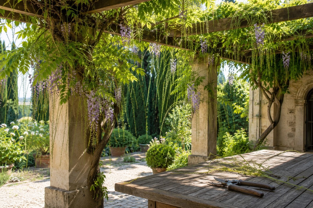 Glicine su pergola a luglio con tralci verdi lunghi da accorciare
