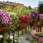 Cesti appesi estivi fioriti su balcone luminoso