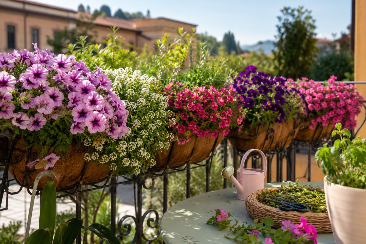 Cesti appesi estivi fioriti su balcone luminoso