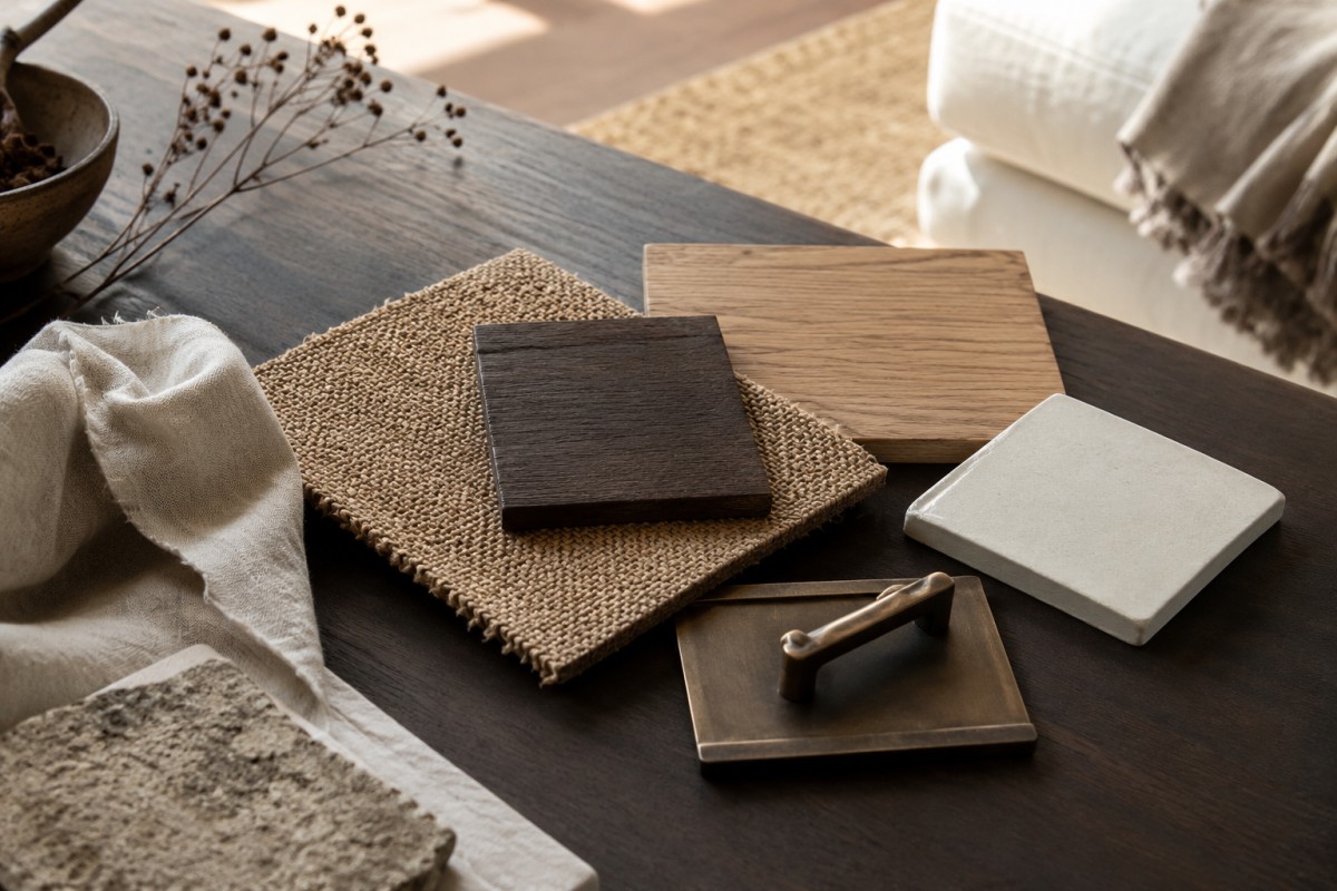 Moodboard con campioni marrone espresso e materiali naturali
