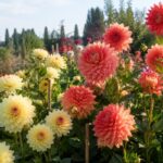 Dalie alte in fiore con sostegni discreti in giardino