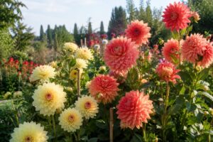 Dalie alte in fiore con sostegni discreti in giardino