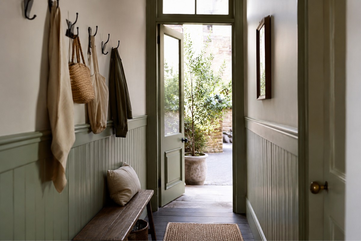 Ingresso stretto con boiserie bassa verde salvia e panca
