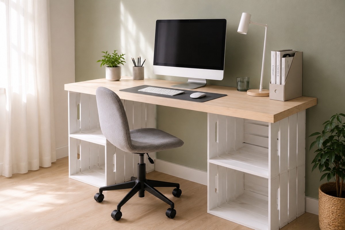 Scrivania moderna realizzata con cassette di legno bianche usate come basi contenitore