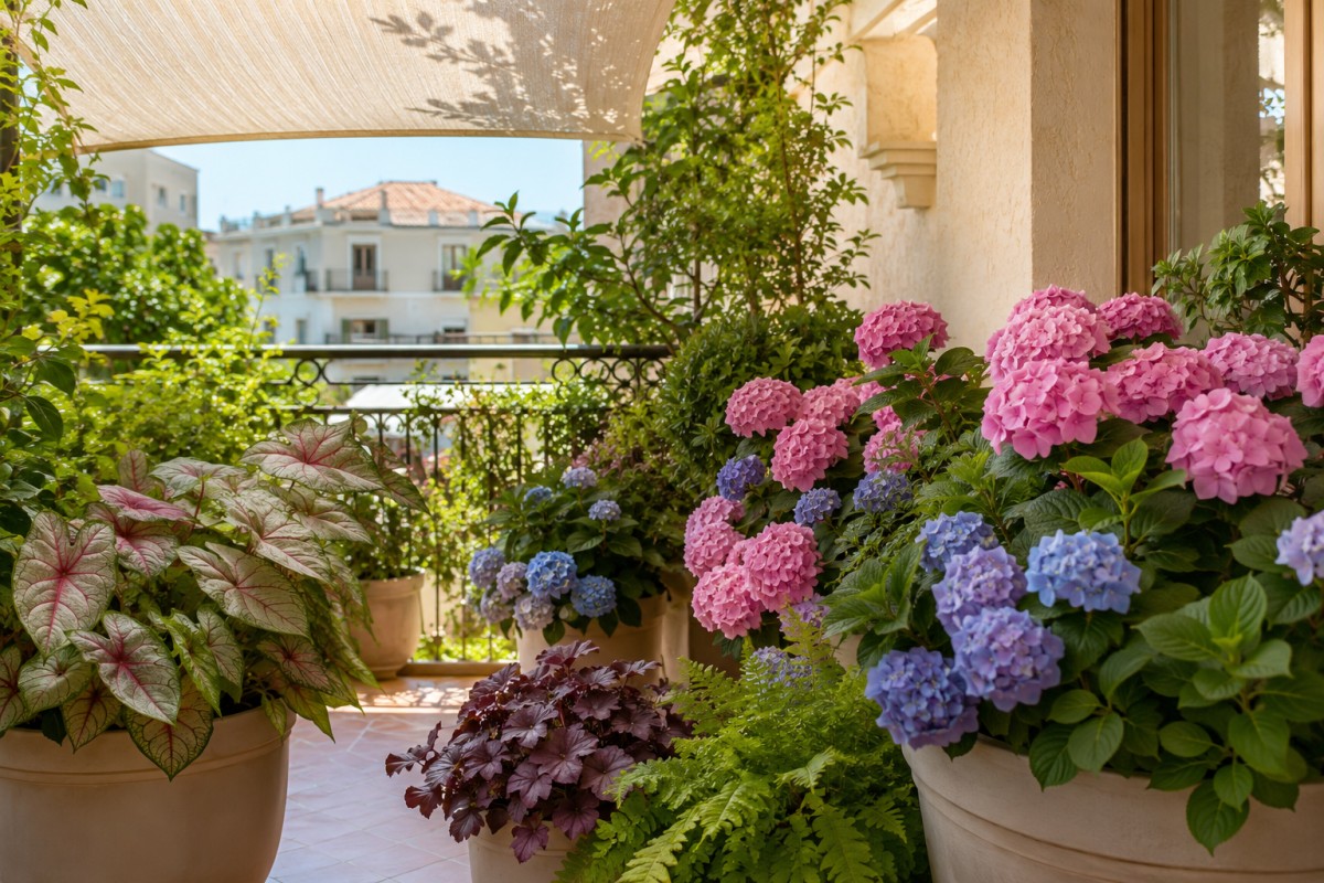 Balcone in ombra con ortensie, caladium e felci resistenti al caldo di luglio