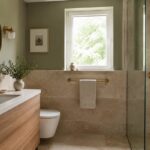 Bagno contemporaneo con pareti verde oliva, pietra calda e mobile in rovere