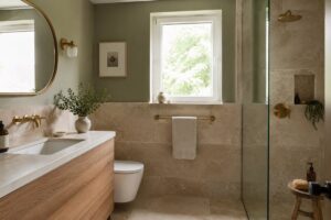 Bagno contemporaneo con pareti verde oliva, pietra calda e mobile in rovere