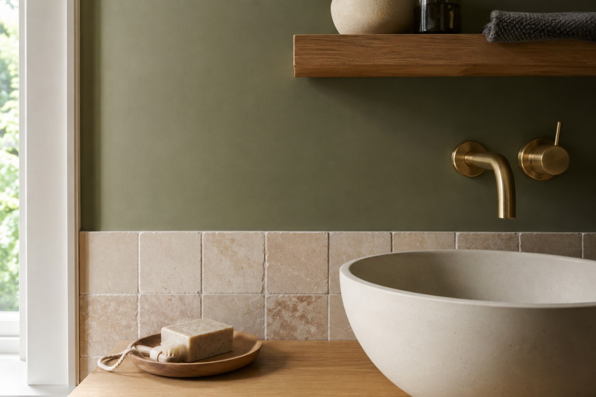 Dettaglio di parete verde oliva con pietra calda, rovere e rubinetto in ottone satinato