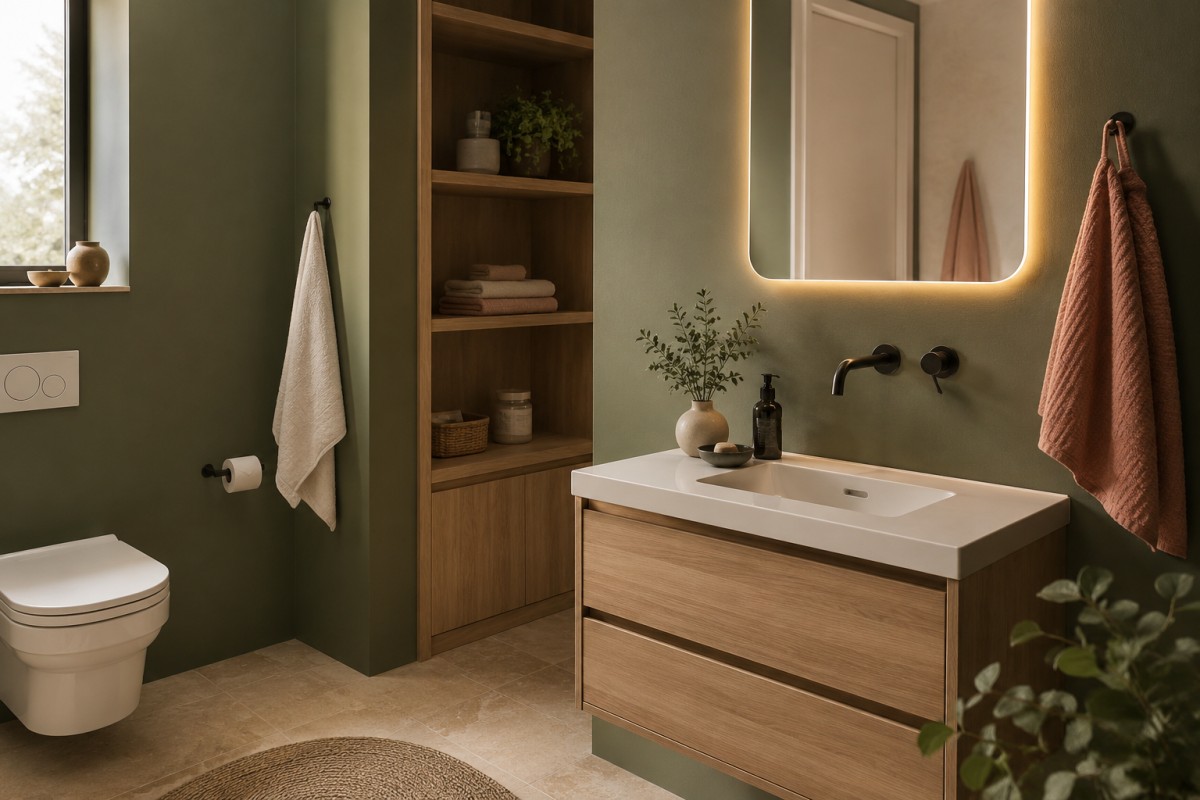Piccolo bagno con verde oliva, pavimento in pietra calda e nicchia in legno