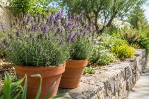 Lavanda in vaso a luglio con spighe sfiorite pronte per il taglio leggero