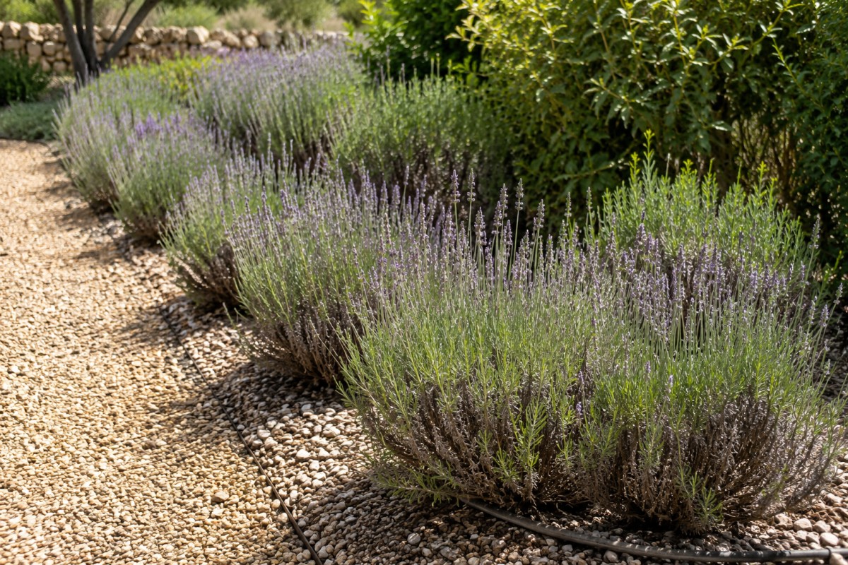 Bordura di lavanda ordinata dopo una potatura leggera estiva con pacciamatura minerale