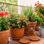 Vasi fioriti su balcone estivo dopo irrigazione profonda