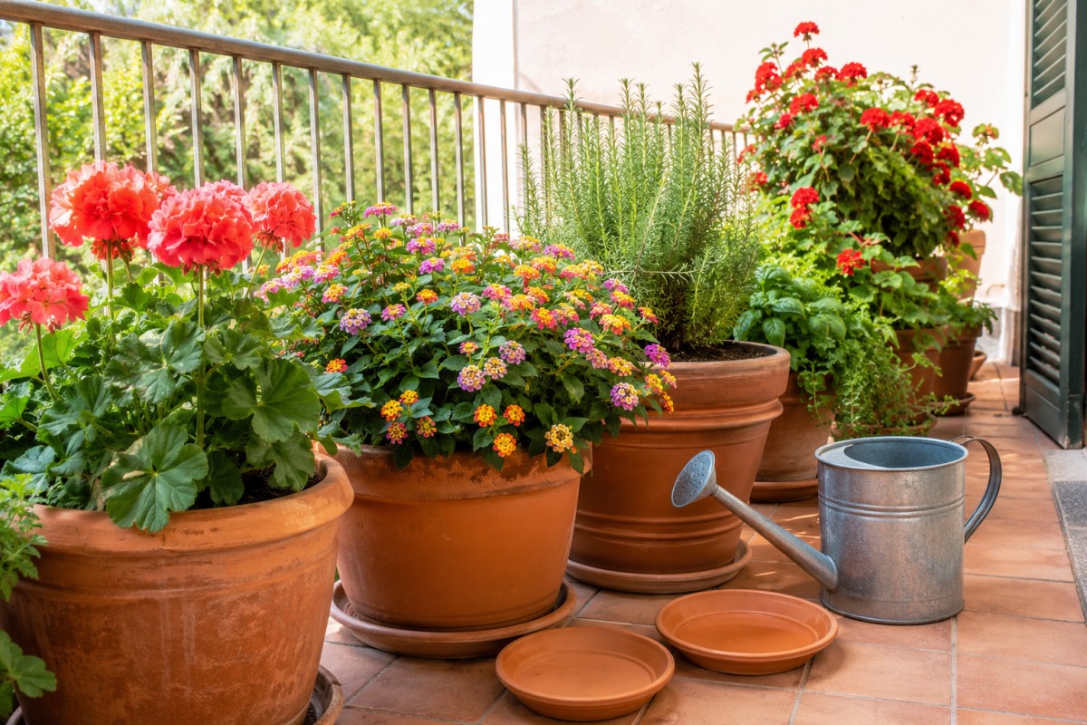 Vasi fioriti su balcone estivo dopo irrigazione profonda