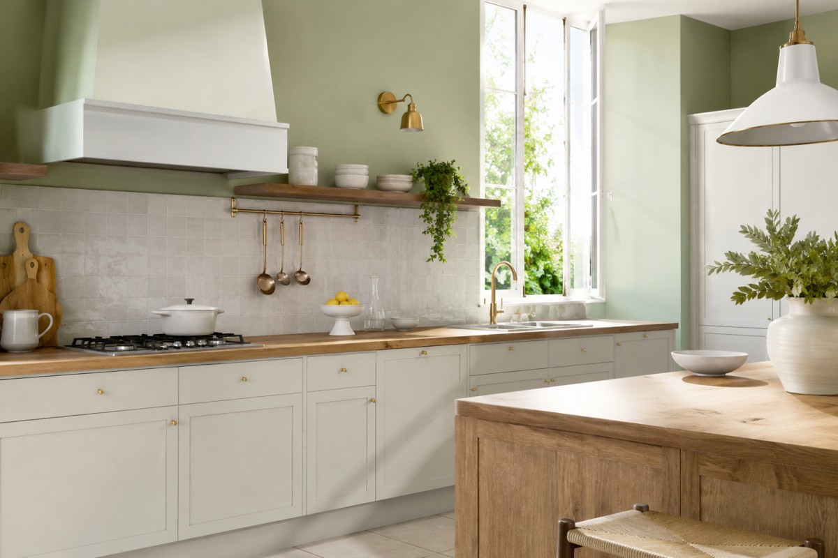 Cucina verde pistacchio con legno caldo e luce naturale