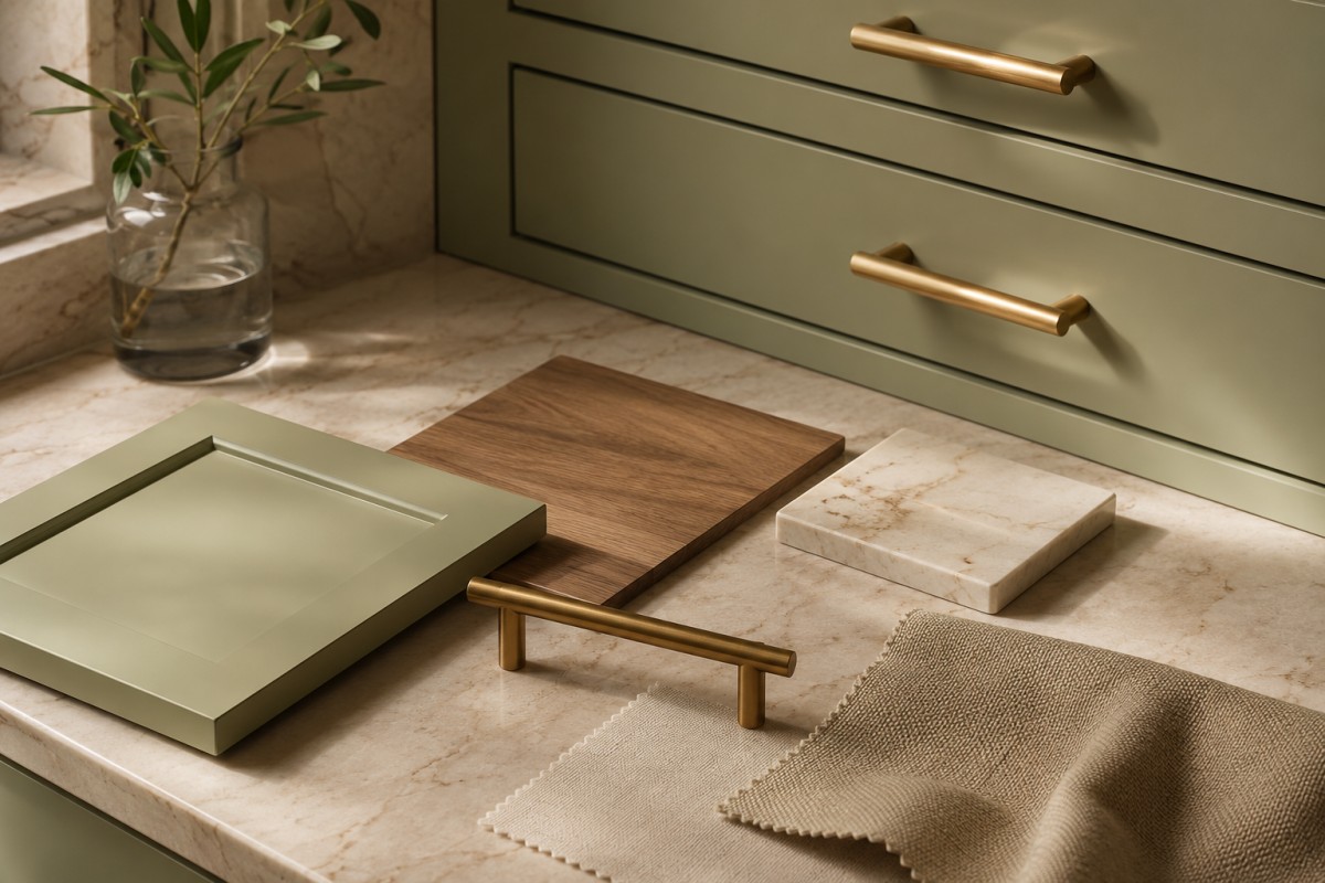 Campioni di materiali per cucina verde pistacchio e legno
