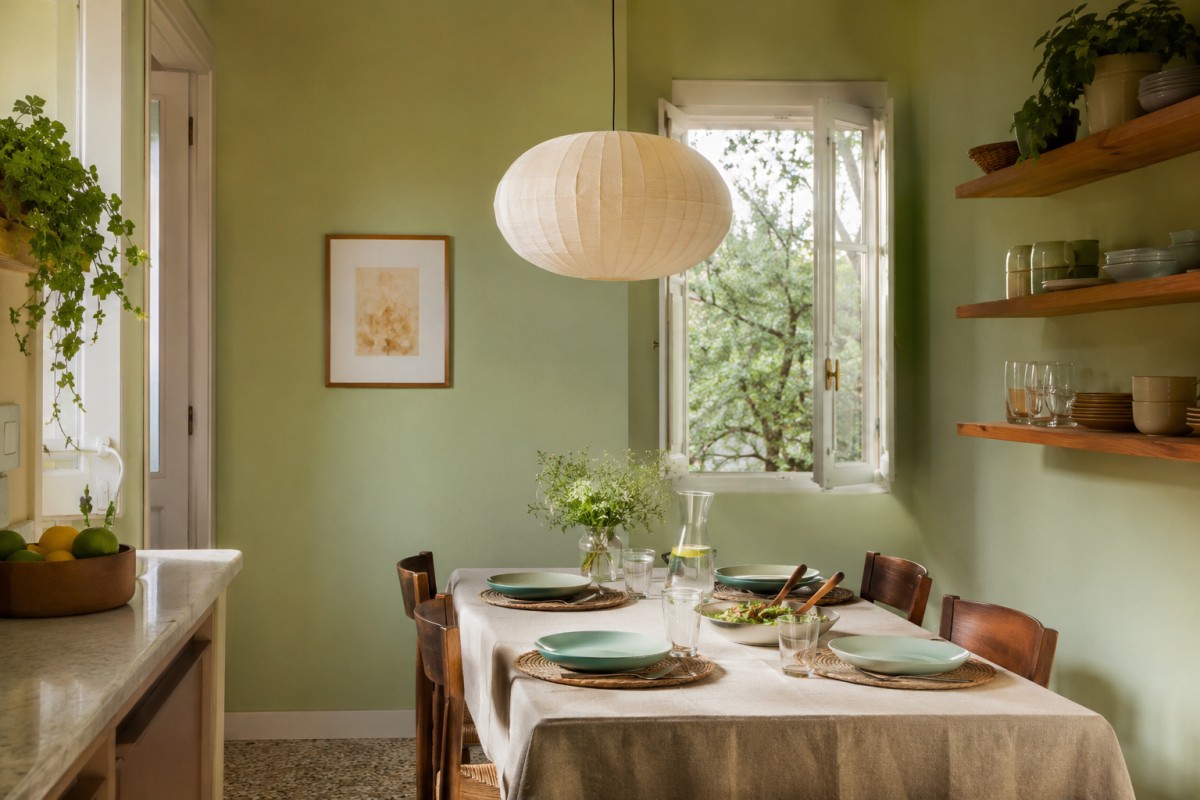 Zona pranzo con pareti pistacchio e mensole in legno