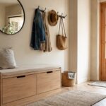 Ingresso compatto con panca contenitore in legno chiaro