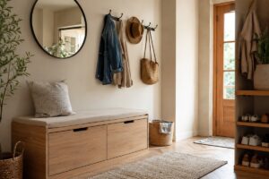 Ingresso compatto con panca contenitore in legno chiaro