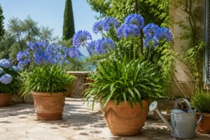Agapanthus blu in vaso su terrazzo estivo luminoso