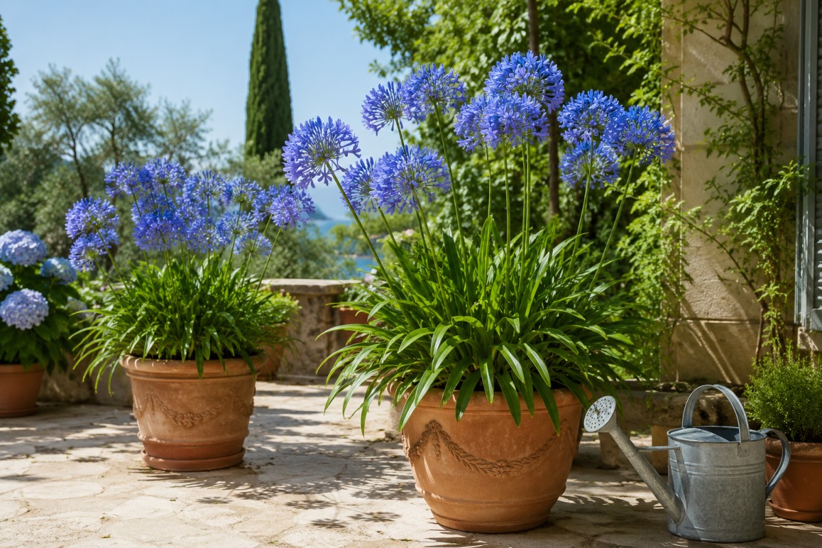 Agapanthus blu in vaso su terrazzo estivo luminoso