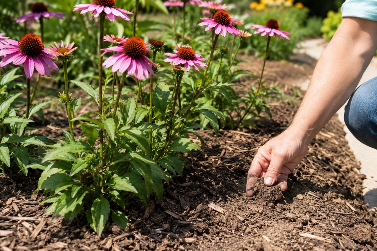 Pacciamatura e controllo del terreno alla base dell'echinacea